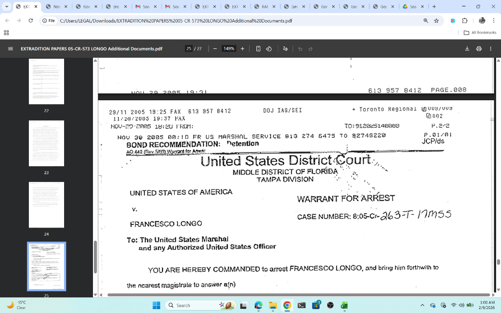 US District Court Warrant 8:05-Cr-263-T-17MSS · date filed June 21 2005 · alleged crime date August 29 2005